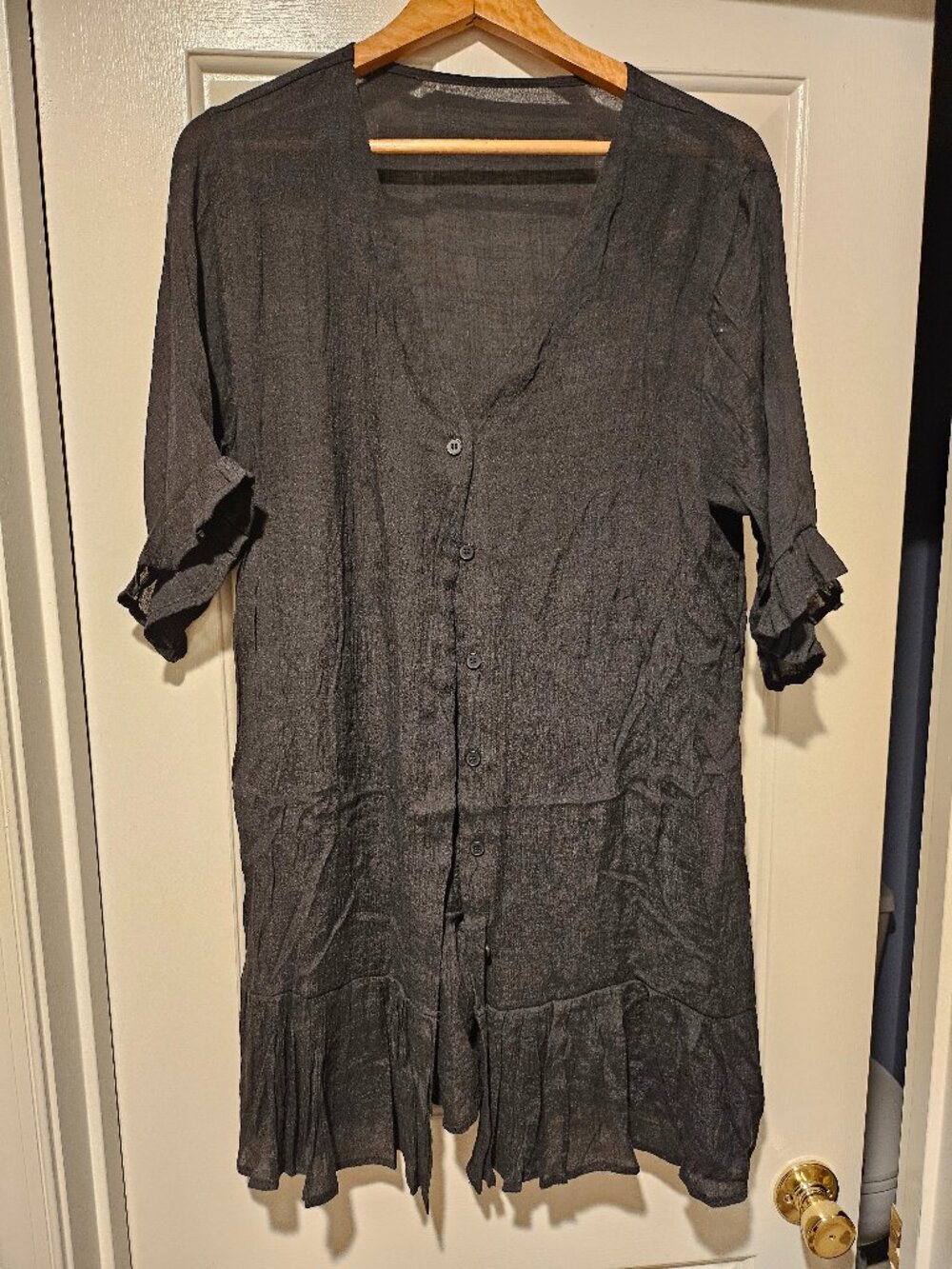 Black Sheer Ruffle-Hem Button-Front Swim Cover-Up